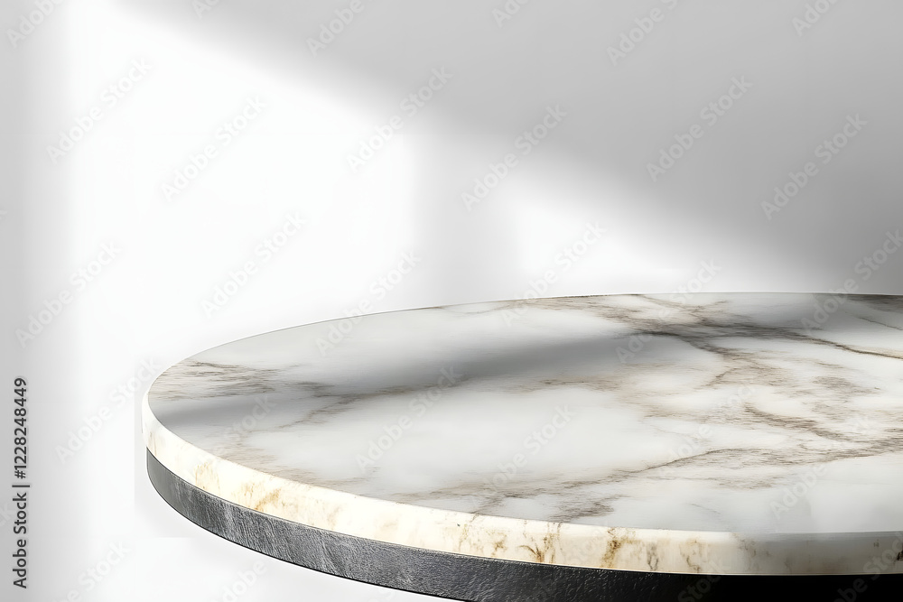 Poster round marble table top with abstract shadow drop on white wall background for mockup product display