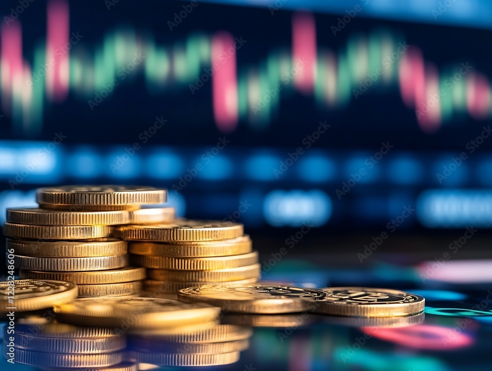 Poster stack of gold coins against vibrant cryptocurrency stock trading graph : generative ai