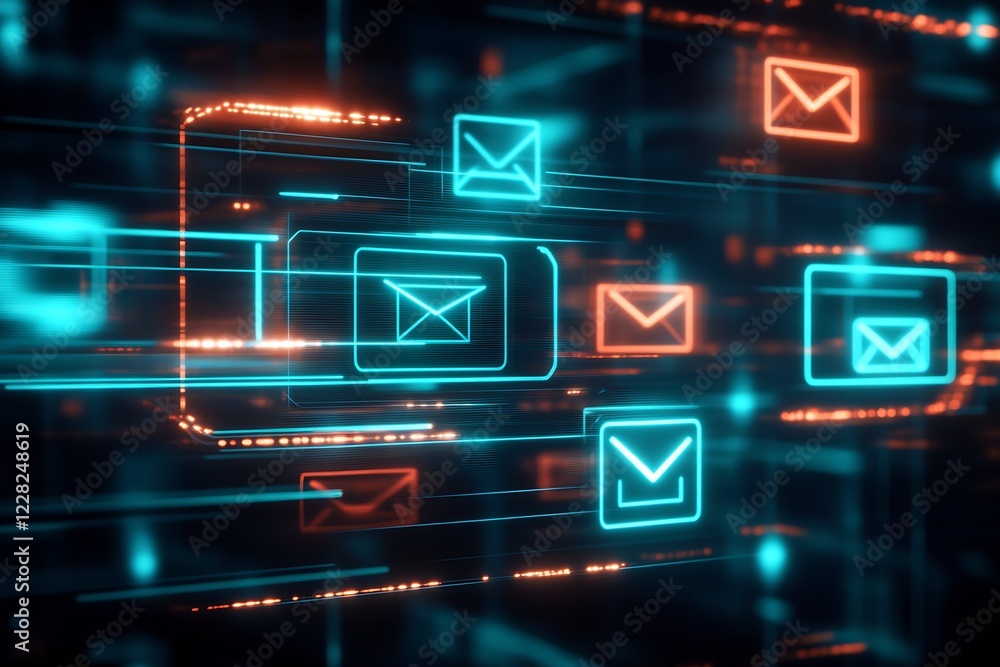 Poster Abstract Neon Digital Email Icons Displayed in Motion Online : Generative AI