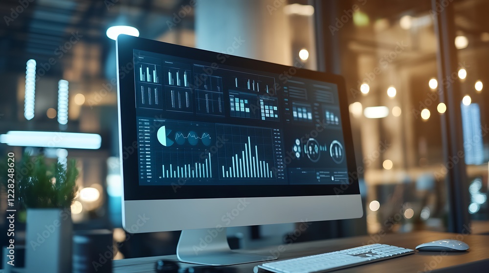 Fototapete Contemporary Office Setting with Monitor Displaying Complex Data Analytics : Generative AI