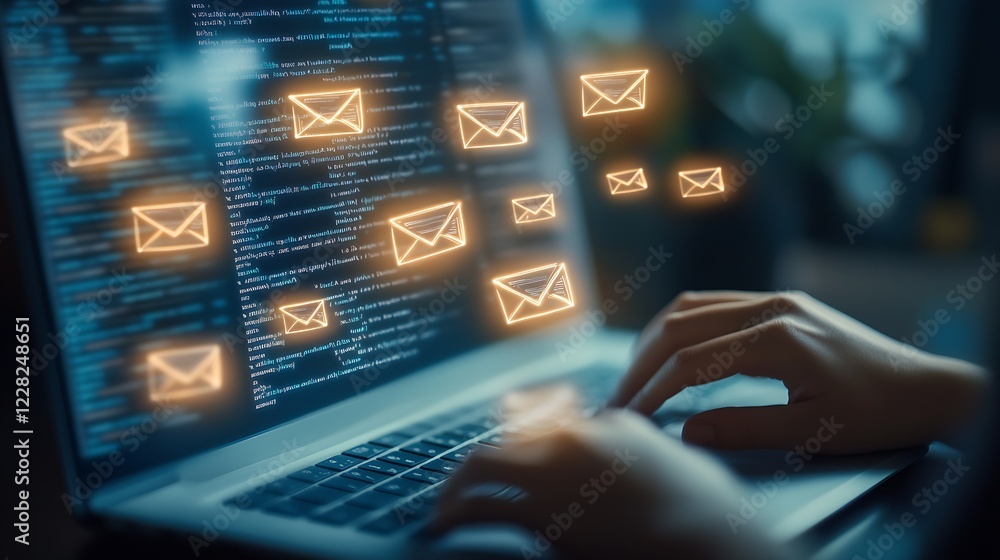 Poster hands typing on laptop with glowing email icons for digital communication : generative ai