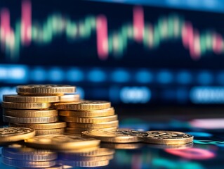 Stack of Gold Coins Against Vibrant Cryptocurrency Stock Trading Graph : Generative AI