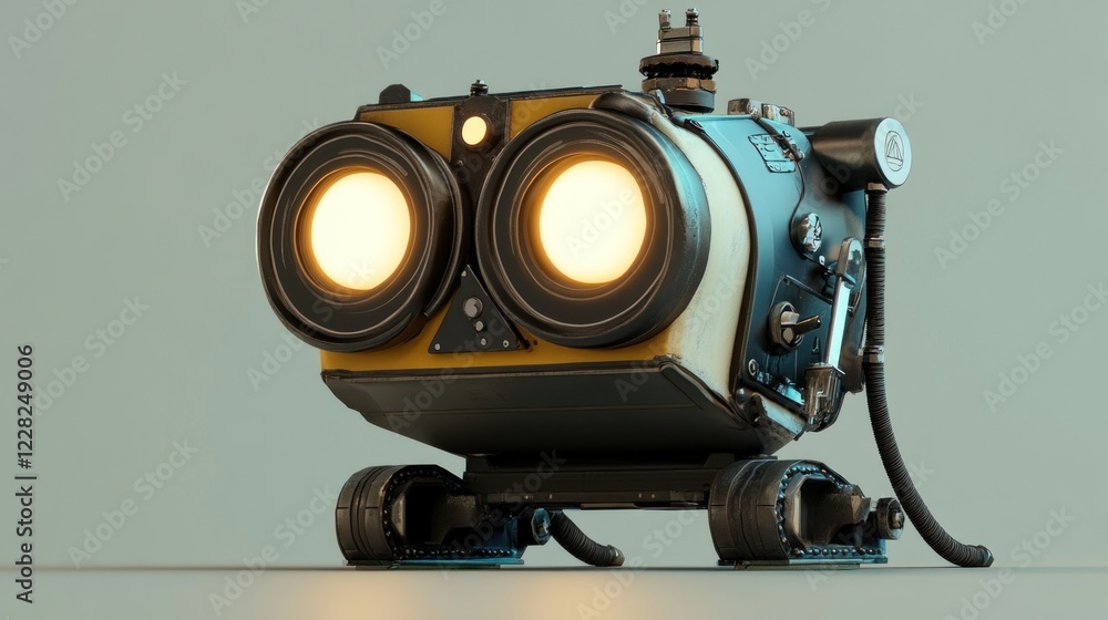 Poster futuristic robot design with illuminated lenses