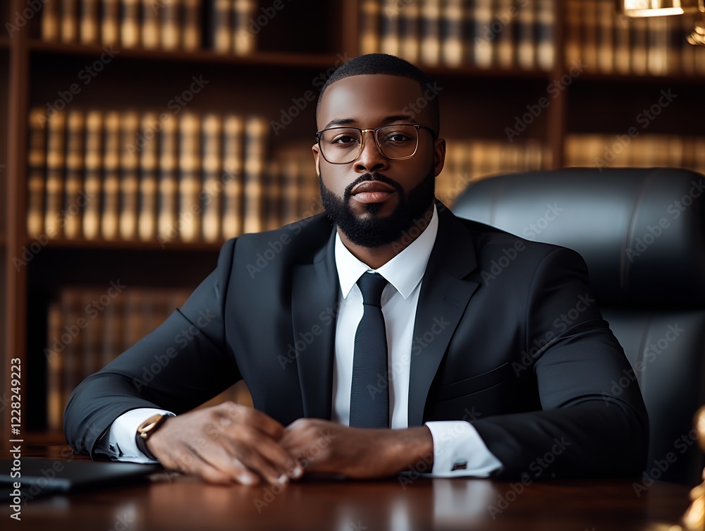 Poster Professional Man in Business Attire Seated in Library Office Environment : Generative AI