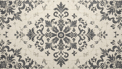 Fototapeta premium Elegant Vintage Damask Pattern on Cracked White Surface - Arabic arabesque design greeting card for Ramadan Kareem. Islamic ornamental monochrome detail of mosaic.