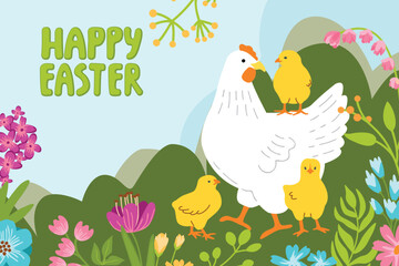 Easter card with hen and chickens. Cartoon background with colorful flowers, cute animal characters and hand written. Festive banner template. Springtime vector illustration in flat color style.