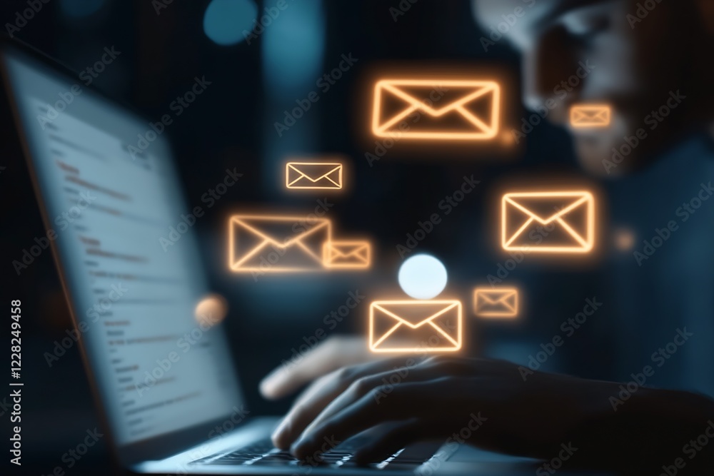 Poster Man Using Laptop with Floating Email Icons in Digital Setting : Generative AI