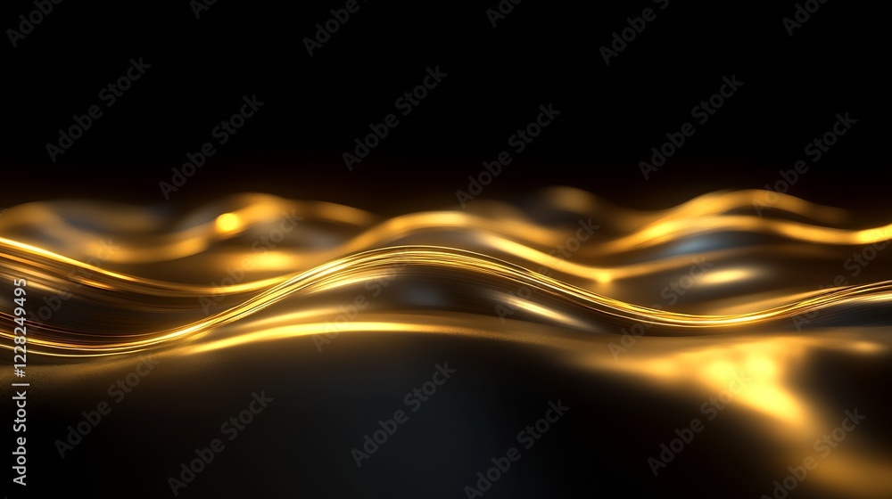 Poster elegant golden light waves flowing over dark surface : generative ai