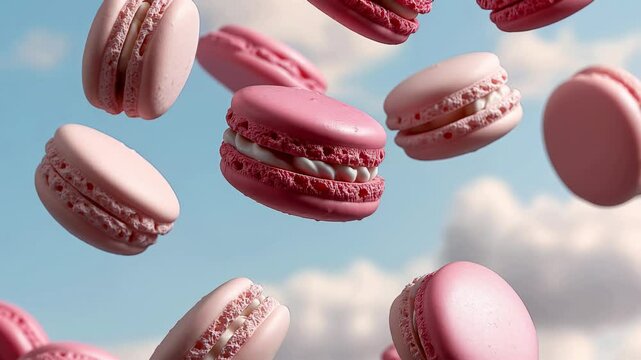 Pink macarons falling from a cloudy sky