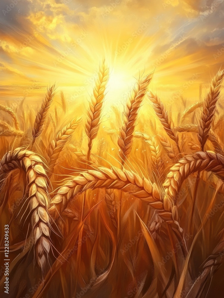 Poster golden rays illuminate ripe wheat fields during sunset with a warm glow and tranquil ambiance in nat
