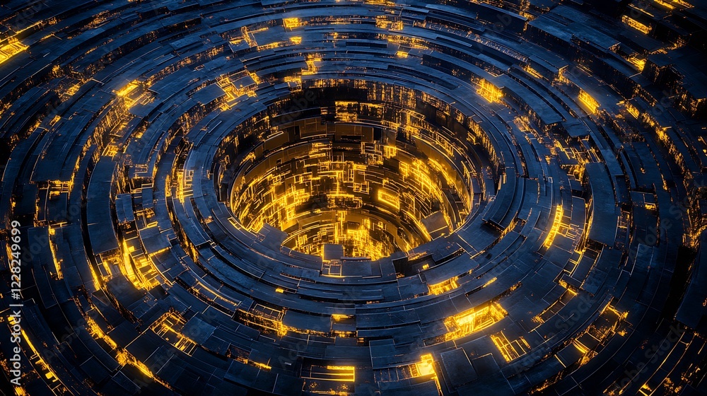 Aufkleber abstract digital vortex with glowing yellow and dark blue concentric layers : generative ai