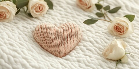 A cozy scene features a vibrant knitted heart nestled among delicate roses, exuding warmth and love on a soft, inviting bed.