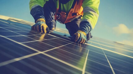 A detailed close-up of a solar panel installer securing panels on a rooftop, Renewable energy installation scene, Green and sustainable style