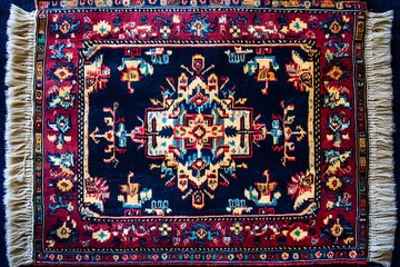 A beautifully woven Tibetan rug in deep reds and blues, laid out flat with natural light highlighting its cultural richness