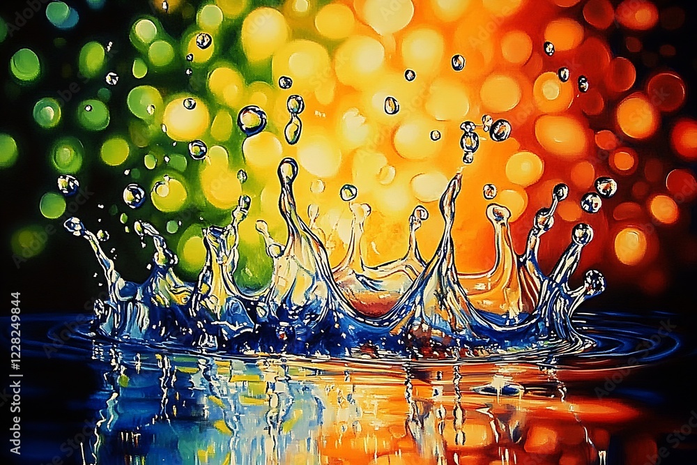 Poster Vibrant Water Splash Against Colorful Bokeh Background, Capturing Fluid Dynamics in Nature : Generative AI