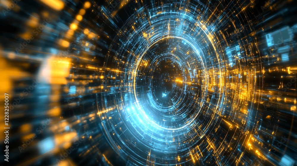 Poster vibrant futuristic digital loop with neon blue and orange lights : generative ai