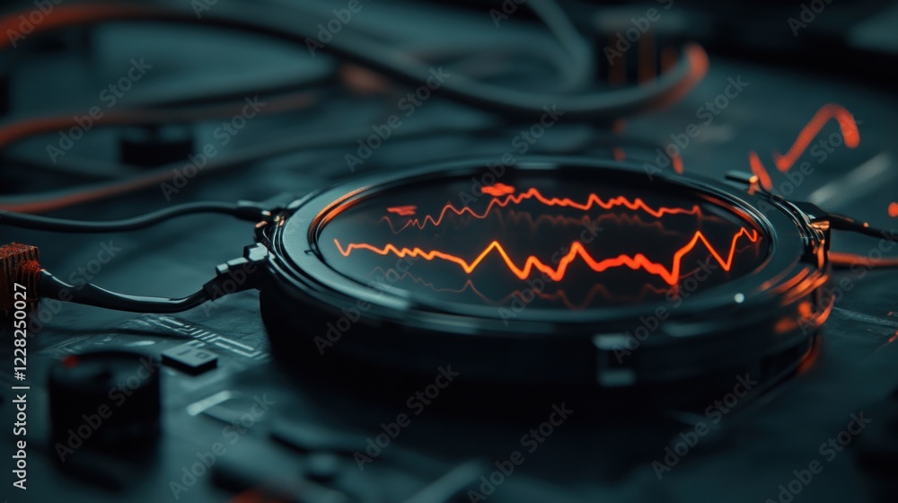 Poster Futuristic Device Displays a Red Data Line Graph