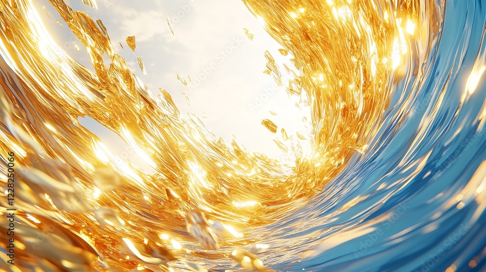 Poster dynamic swirling fusion of gold and blue liquid under sun rays : generative ai