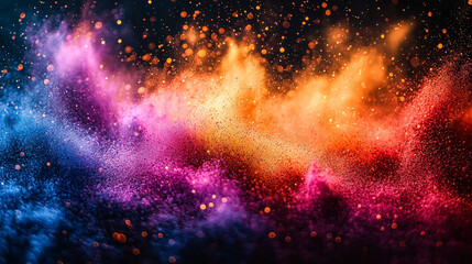 Fototapeta premium Colorful explosion of space debris is depicted in the image. The bright colors of the debris create a sense of energy and excitement, as if the explosion is still ongoing. The scene is dynamic