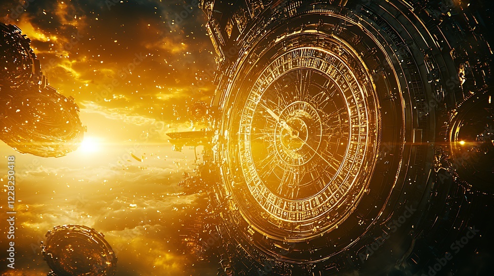Aufkleber golden mystical clock against an ethereal sunset in a fantasy realm : generative ai