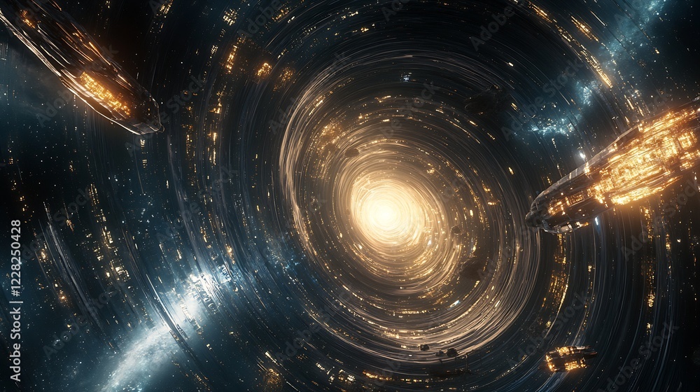 Poster Luminous Space Tunnel with Futuristic Spaceships and Stars : Generative AI