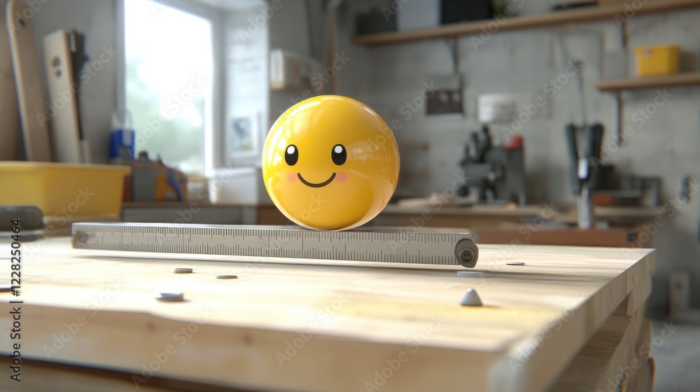 Poster Happy Smiley Ball Balanced On Ruler In Workshop
