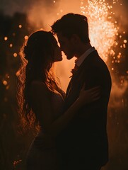 A couple holds hands and kisses under dazzling fireworks on Valentine's night, evoking romance and warmth. Ideal for greeting cards, ads, or campaigns celebrating love and relationships.