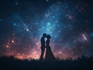 Obraz premium A couple holds hands and kisses under dazzling fireworks on Valentine's night, evoking romance and warmth. Ideal for greeting cards, ads, or campaigns celebrating love and relationships.