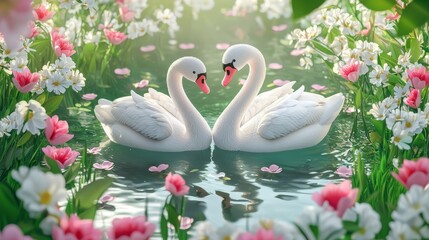 Obraz premium Romantic Swan Couple in a Dreamy Floral Pond