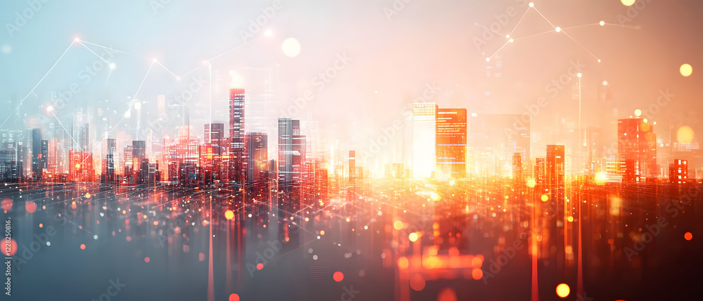 Poster a futuristic city skyline with abstract data visualizations and glowing elements representing techno