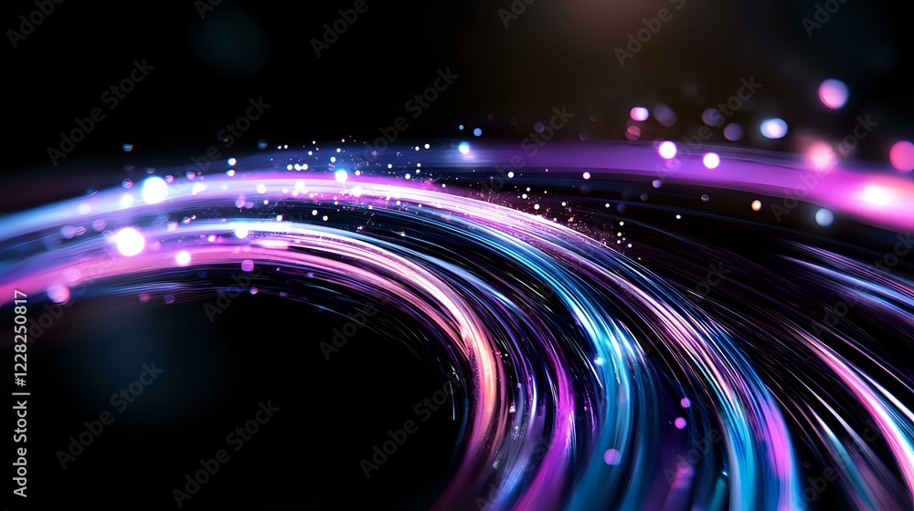 Poster glowing curved lines with pink and blue neon light trails against dark background, dynamic motion ef
