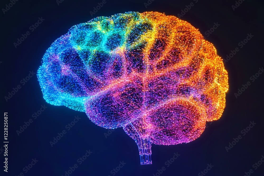 Poster colorful glowing brain visualization with particle effect showing neural networks and brain activity