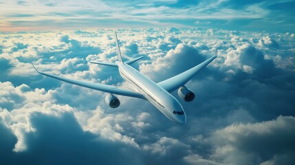 Fototapeta premium Passenger airplane flying high above fluffy white clouds during sunset in clear blue sky. Generative AI