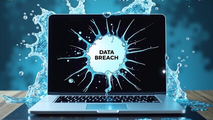 A computer with data flowing out, symbolizing DATA BREACH: unauthorized access and theft of personal information, compromising privacy and security