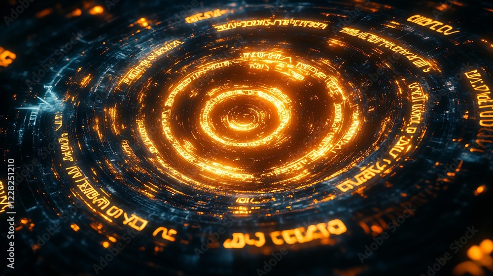 Poster Futuristic Digital Data Tunnel with Glowing Orange Text and Abstract Design : Generative AI