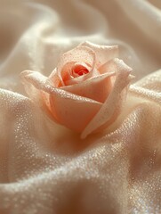 Fototapeta premium A single red rose rests gracefully on a pristine white cloth, symbolizing love and passion, perfect for a romantic Valentineâ€™s Day setting.