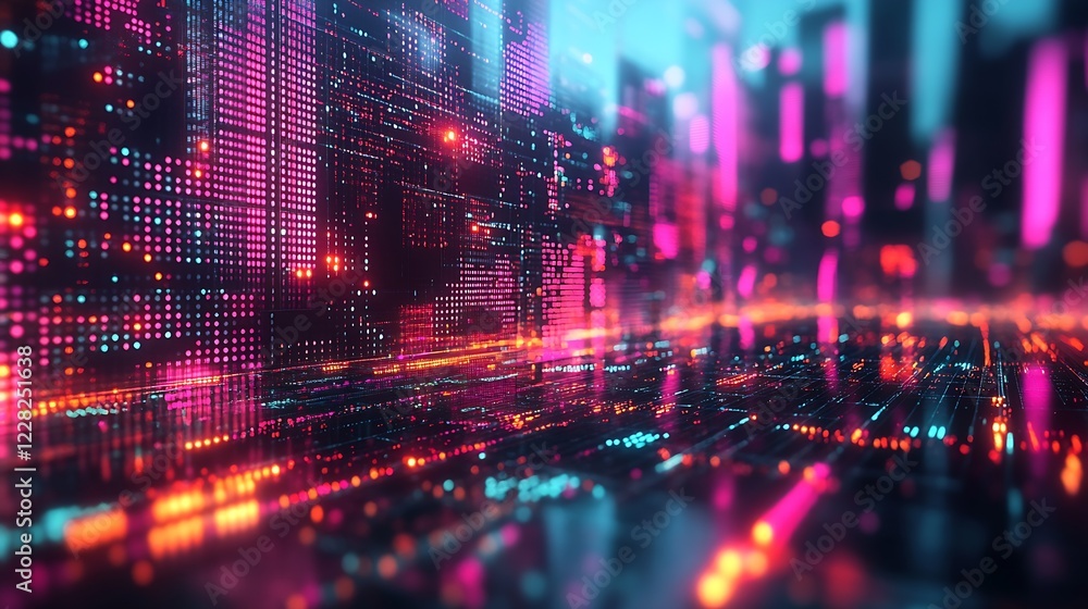 Poster immersive futuristic cityscape with digital neon display and high-rises : generative ai