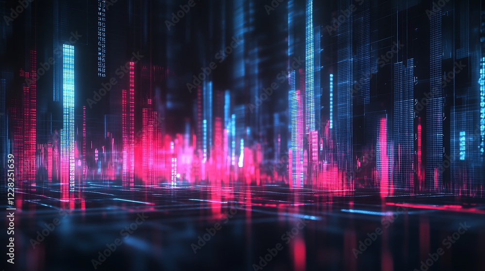 Poster Abstract Tech Landscape with Luminous Red and Blue Data Visual Effects : Generative AI