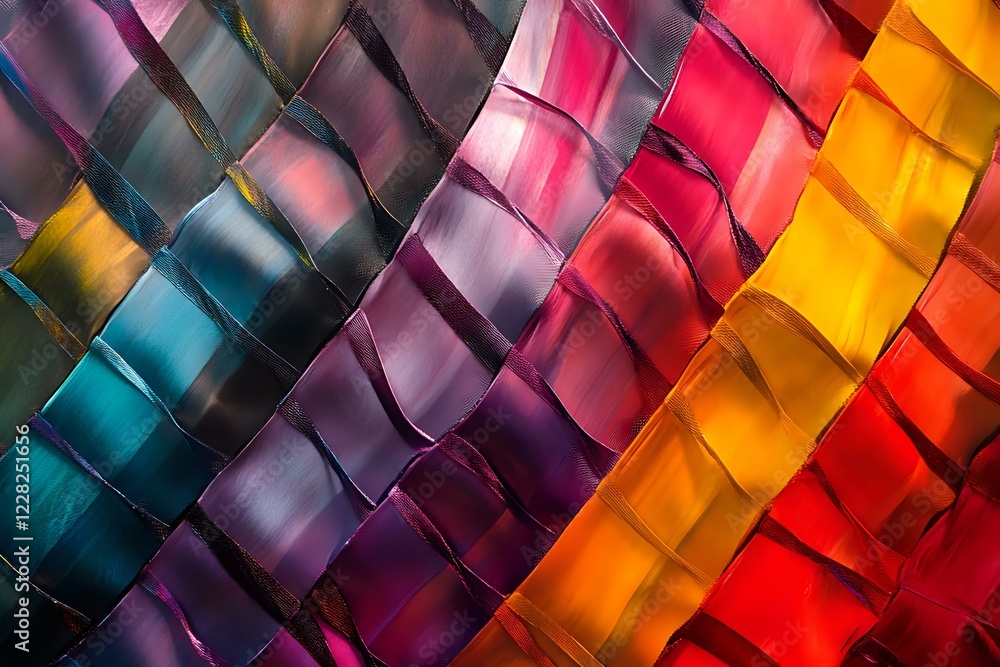 Poster colorful woven pattern with vibrant gradient from turquoise to purple, red and yellow creating abstr