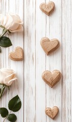 Fototapeta premium A charming display of wooden hearts and vibrant roses graces a white table, capturing the essence of love and romance for Valentine's Day.