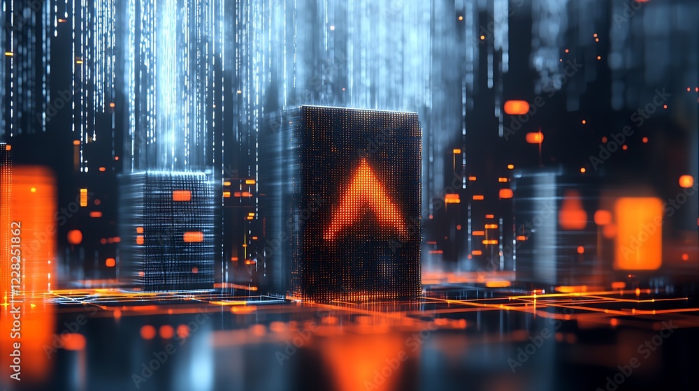 Poster Three-Dimensional Orange Data Cube with Emerging Digital Elements and Arrow Design : Generative AI