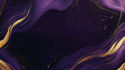 Opulent Purple and Gold Abstract Waves with Glittering Accents on Dark Backdrop : Generative AI