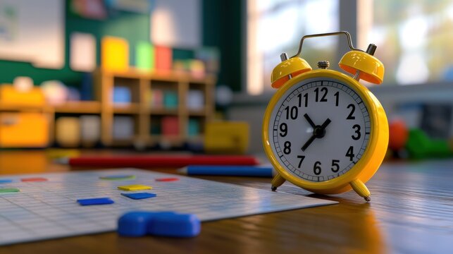 Yellow Alarm Clock on Classroom Desk Showing Time