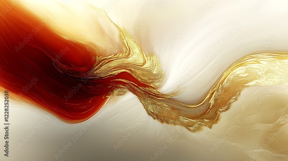 Aufkleber Golden and Red Liquid Art Abstract Flowing Brush Swirl in Dynamic Artistic Motion : Generative AI