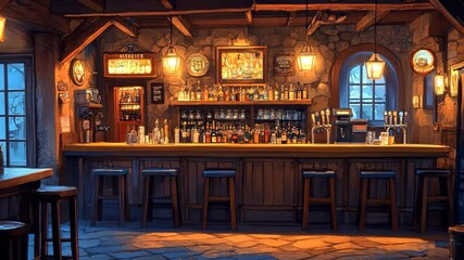 Cozy rustic tavern interior with warm lighting and wooden decor showcasing an inviting atmosphere