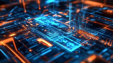 Futuristic Technology Circuit Board in Blue and Orange Colors : Generative AI