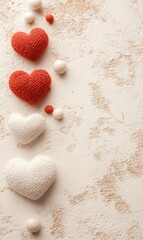 Obraz premium Softly crafted, three vibrant knitted hearts rest alongside two pristine white balls, capturing the essence of love and warmth on a cozy table setting.