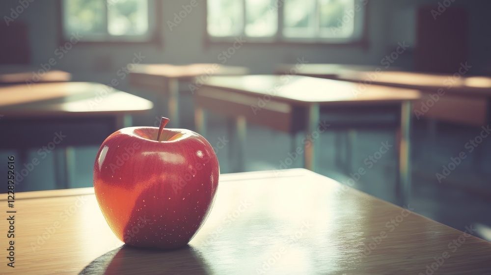 Poster Red Apple Sits On Desk In Empty Classroom