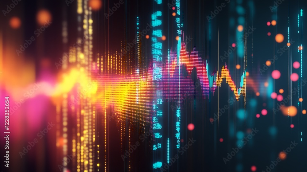 Poster colorful soundwave art with glowing abstract particles in motion : generative ai