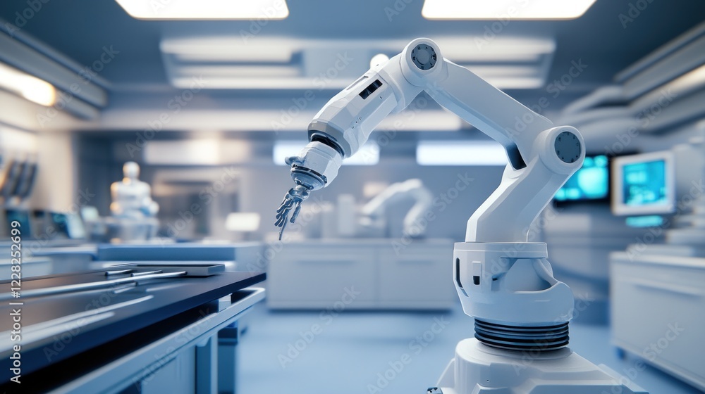 Poster robotic arm in a modern sterile laboratory setting